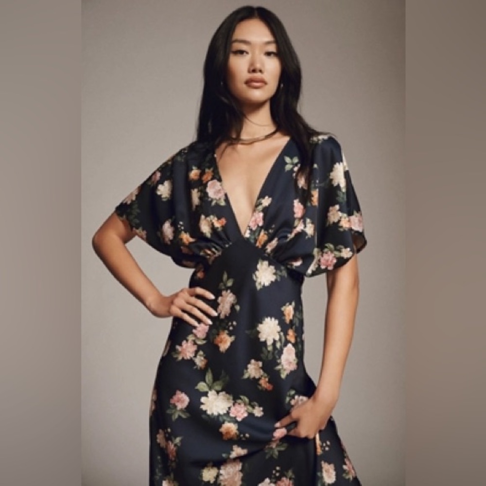 BHLDN LEILA DEEP-V FLUTTER-SLEEVE SATIN A-LINE GOWN